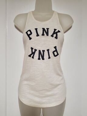 🆕️ PINK Victoria's Secret White Muscle Tank with Black Logo, Sz XS